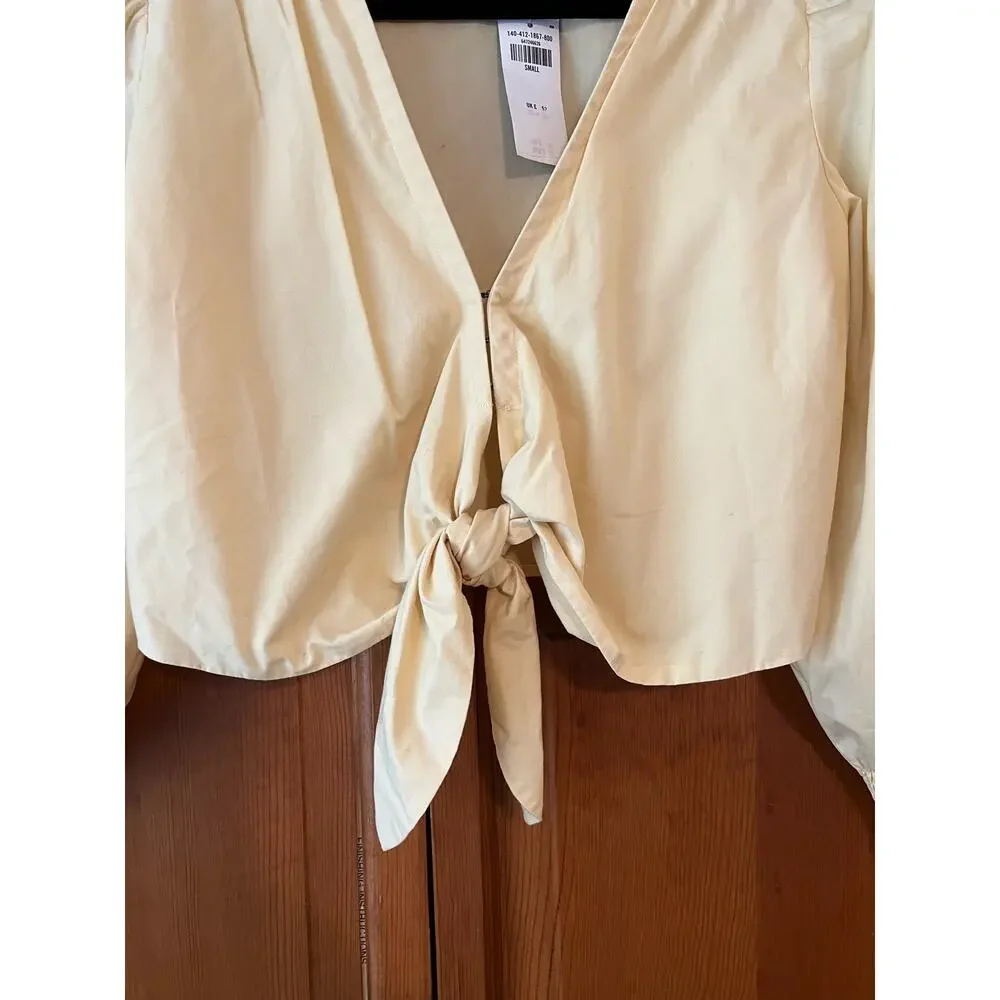 NWT Abercrombie & Fitch Poplin Tie Front Crop Top Yellow Puff Sleeve Size S